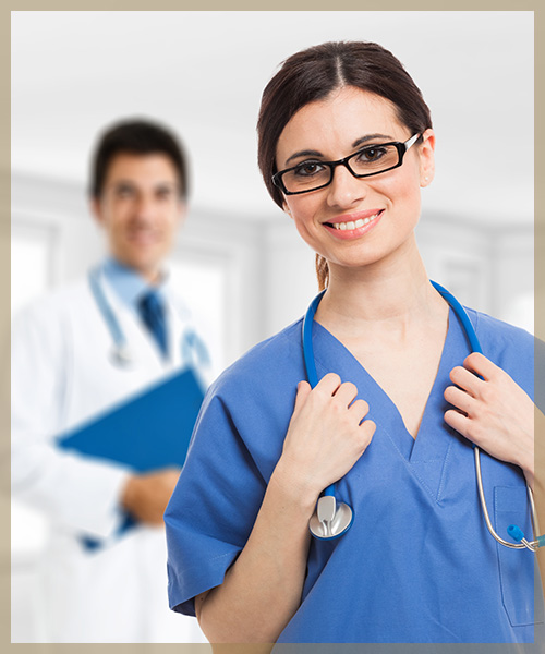 Nurse holding onto stethoscope and standing in front of doctor