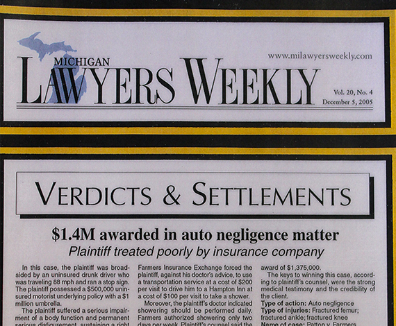 Michigan Lawyers Weekly article - $1.4M awarded in auto negligence matter