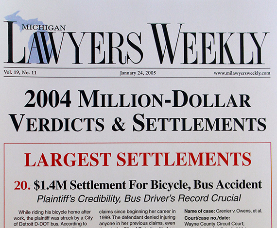 Michigan Lawyers Weekly article - $1.4M Settlement For Bicycle, Bus Accident