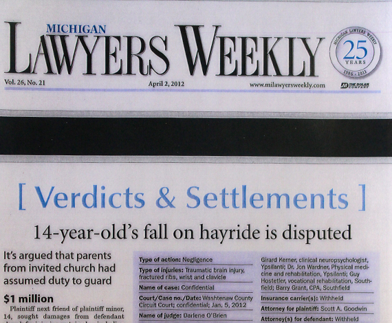 Michigan Lawyers Weekly article - 14-year-old's fall on hayride is disputed