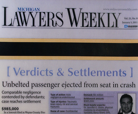 Michigan Lawyers Weekly article - Unbelted passenger ejected from seat in crash