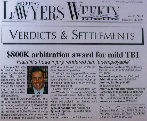 Michigan Lawyers Weekly article - $800K arbitration award for mild TBI