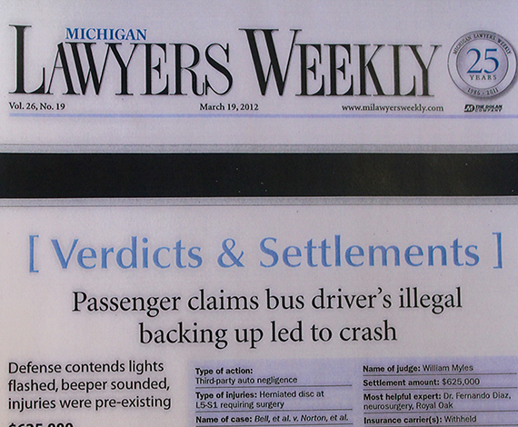 Michigan Lawyers Weekly article - Passenger claims bus driver's illegal backing up led to crash