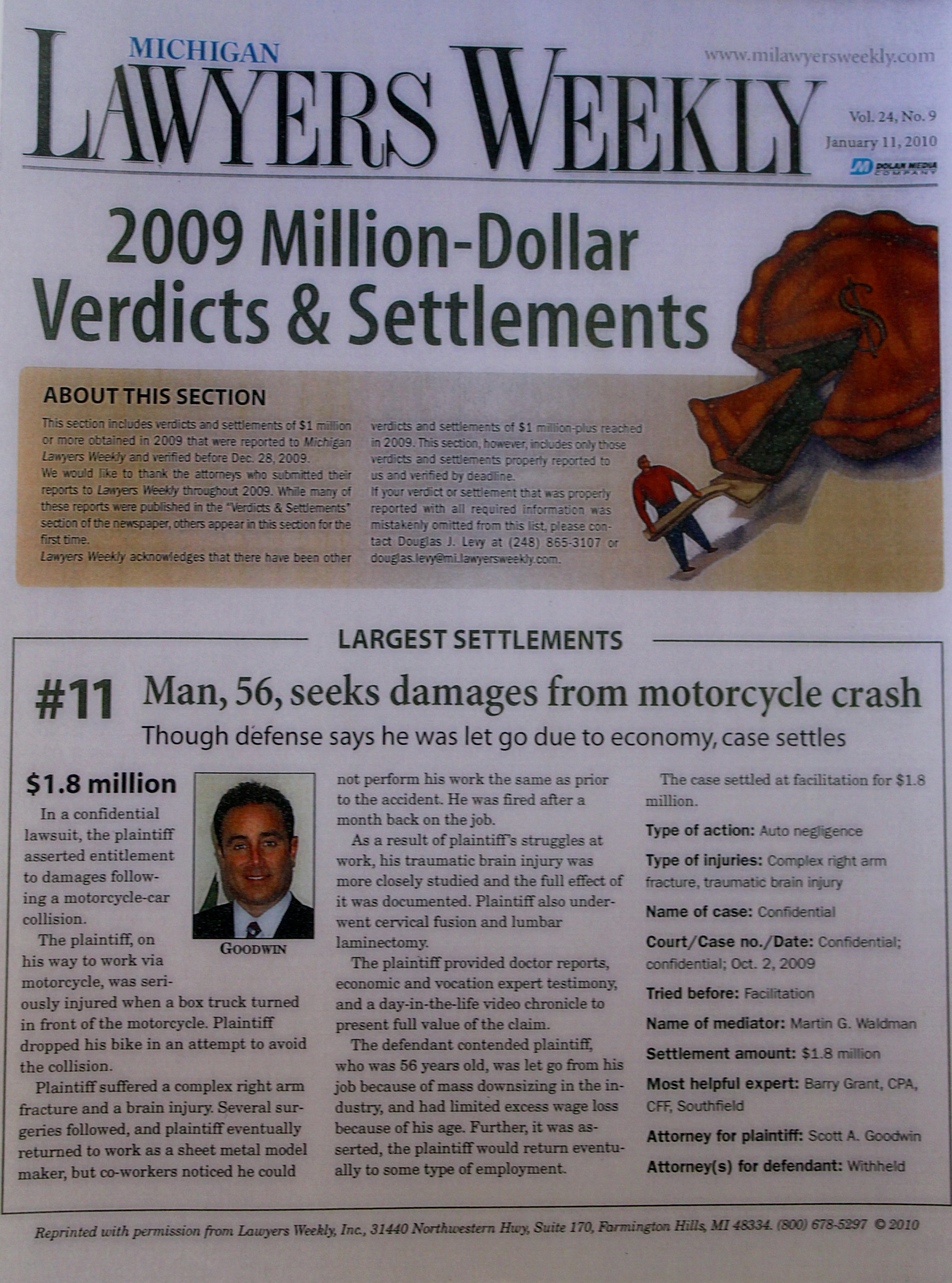 Michigan Lawyers Weekly article - Man, 56, seeks damages from motorcycle crash