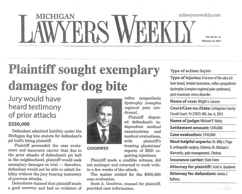 Michigan Lawyers Weekly article - Plaintiff sought exemplary damages for dog bite
