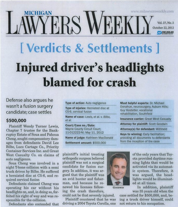 Michigan Lawyers Weekly - Verdict & Settlements article by Scott Goodwin