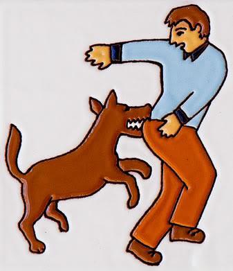 drawing of man being bit by a brown dog