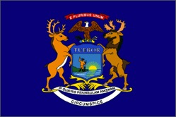 Blue background with a deer and moose standing next to an eagle atop a crest