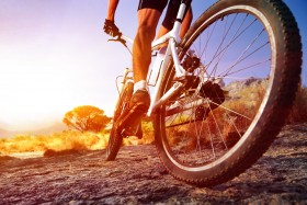 Biker riding bike on rough terrain