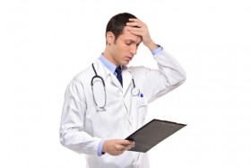 Doctor appearing frustrated while looking at clipboard