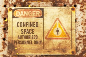 A rusted warning sign for confined spaces