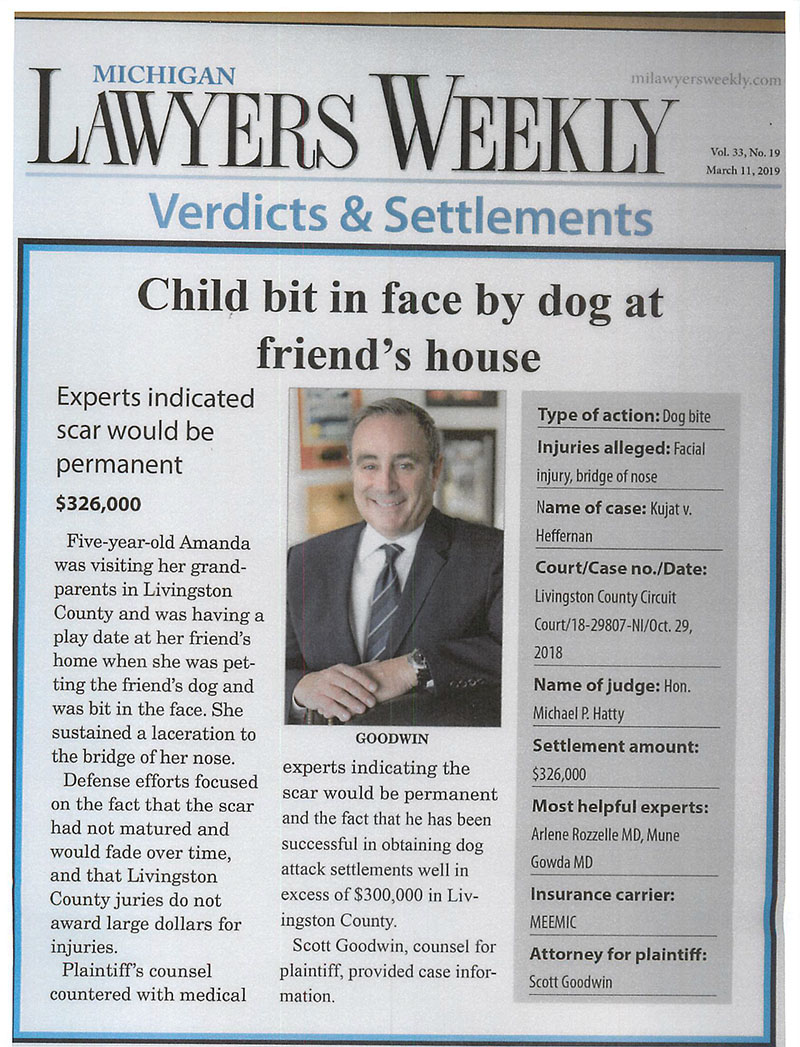 Michigan Lawyers Weekly article discussing Scott Goodwin's settlement for a dog bite victim
