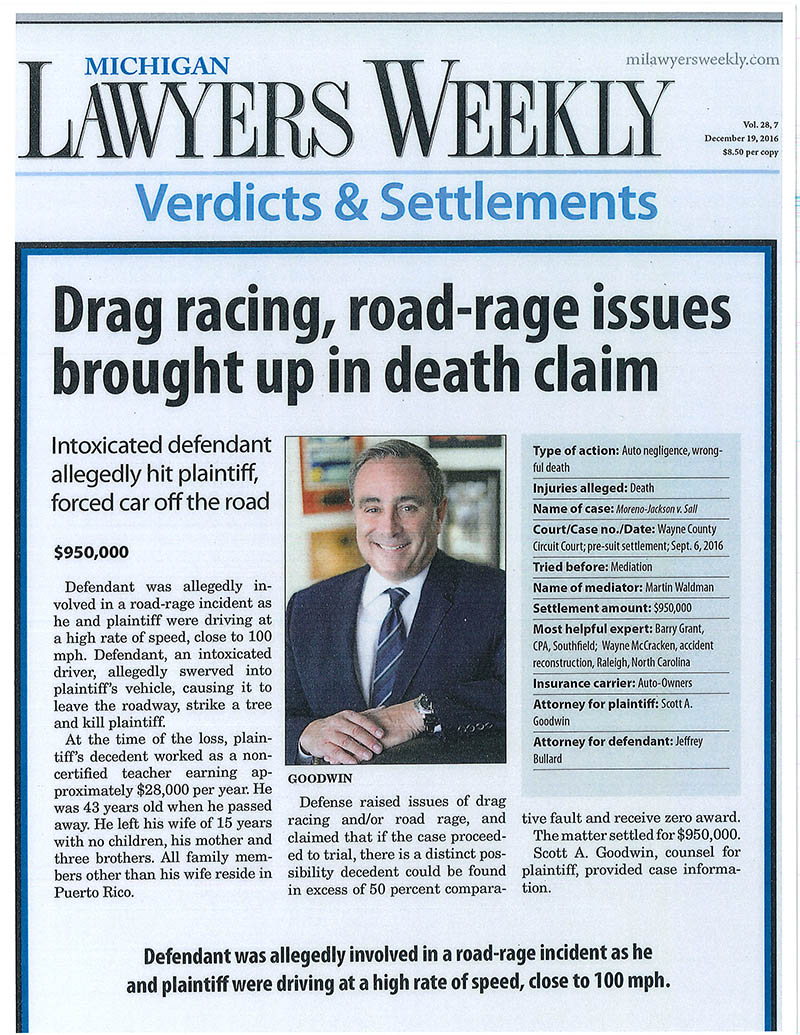 Michigan Lawyers Weekly article discussing Scott Goodwin's settlement for a road-rage and car accident victim