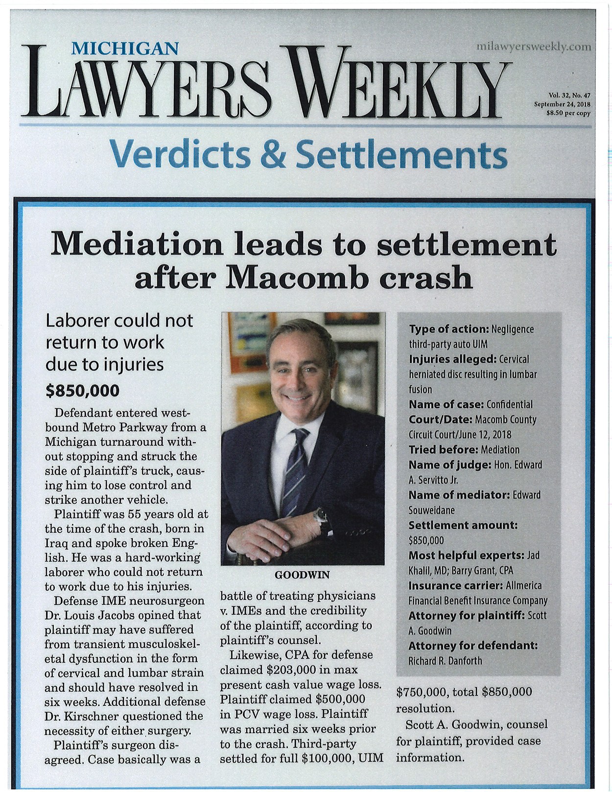 Michigan Lawyers Weekly article discussing Scott Goodwin's settlement for a car accident victim