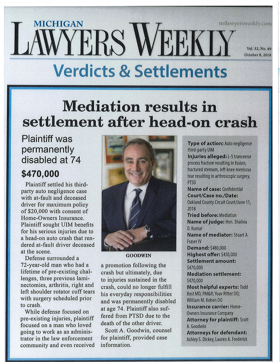 Michigan Lawyers Weekly article discussing Scott Goodwin's settlement for a head-on collision victim