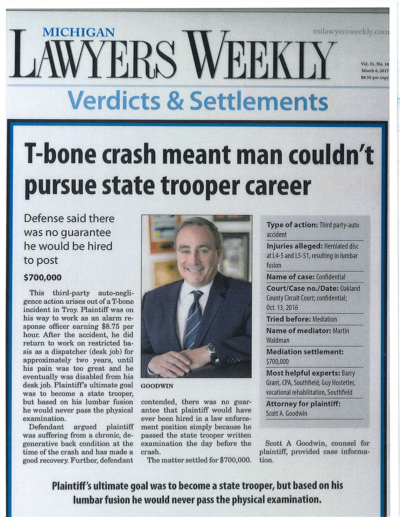 Michigan Lawyers Weekly article discussing Scott Goodwin's settlement for a t-bone auto accident victim
