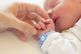 Adult holding infant baby's hand with hospital band