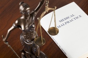 Lady Justice next to medical malpractice book