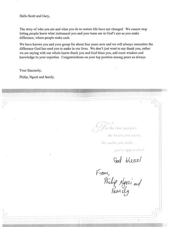 Letter of appreciation from a client and family to lawyers Scott and Gary