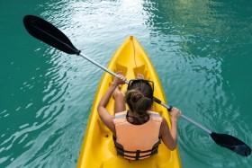 Overhead shot of woman paddling a kayak