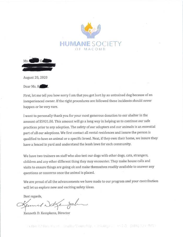 Thank you letter to a client who donated part of her settlement to the Humane Society of Macomb.