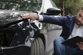 Insurance adjuster inspects damage to a car after an accident.