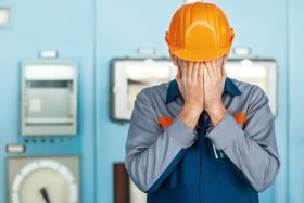 A fatigued worker wearing an orange hard hat holds his head.