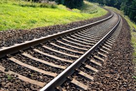 Close-up of railroad tracks.